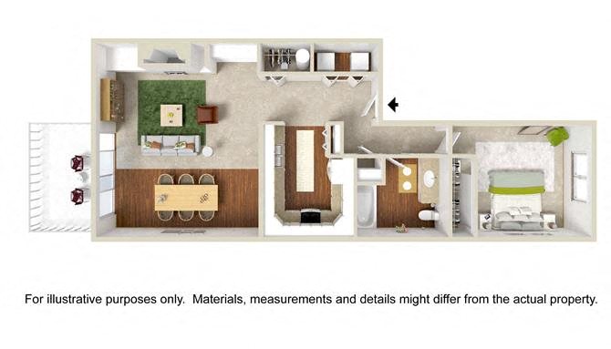 Floor plan for 1 bed, 1 bath, 688 sqft